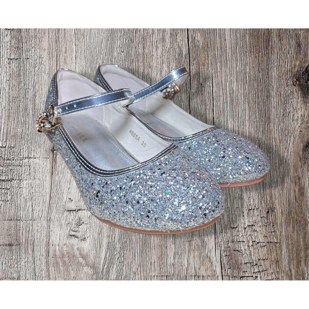 Girls Silver Glitter Heels Dress Party Wedding Shoes Princess Pumps Size 4.5